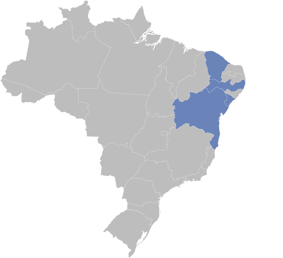 Mapa do Brasil com estados de atuação destacados